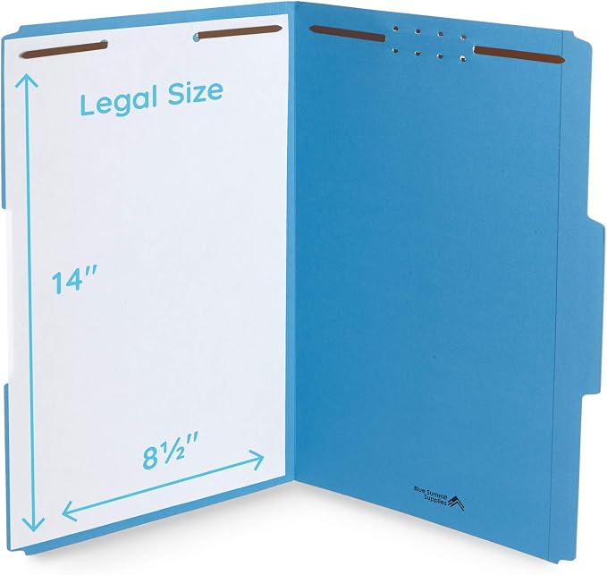 Blue Summit Supplies Blue File Folders with Fasteners, File Folders Legal Size, 1/3 Cut Reinforced Tabs, Durable 2 Prongs, Designed to Organize Standard Medical or Law Files, 50 Pack