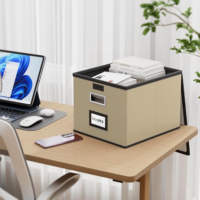 Faux Leather File Organizer Box with Lid, Collapsible Hanging File Folder Box Organizer with Plastic Slides, Decorative Home/Office Filing System Boxes for File and Folder Storage-Khaki