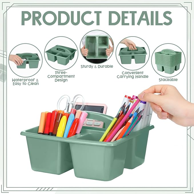 Geetery 12 Pack Eucalyptus Green Plastic Portable Storage Caddy, Sturdy 3 Compartment Table Organizer Caddy with Handle for Home Office Bathroom Countertop Vanity Desk Utility Supplies Storage