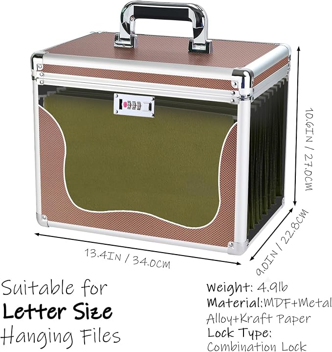 File Storage Cabinet for Letter Size Hanging File Folders, Suspension File Holder, Document Organizer Filing Lockbox in Office and Home with Combination Lock and 10-pack Hanging Files (Coffee, Letter)