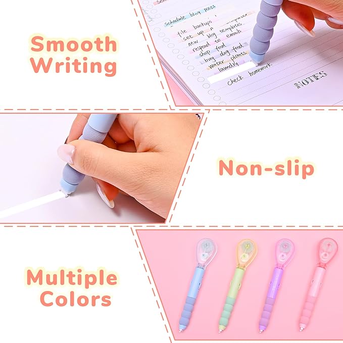 Temiary 4 Pcs White Correction Tape Pen, 19.69 ft Smooth Pull Out Tape Pens, Instantly Dry, Easy to Use Applicator for School Office Supplies (Multicolor)