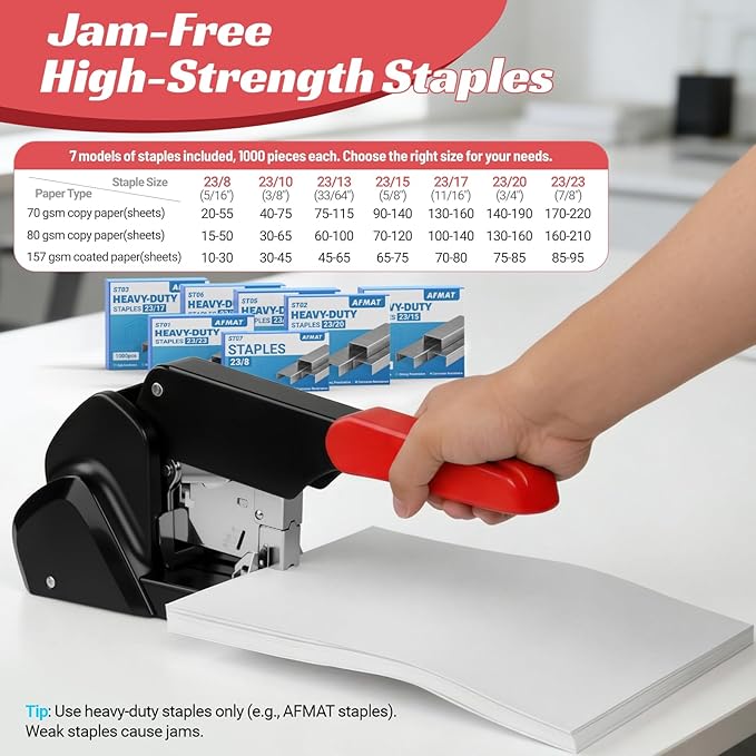 AFMAT Heavy Duty Stapler, 210 Sheet Staplers for Desk with 7000 Staples, Jam-Free, 50000+ Uses, 60% Reduced Effort, Easy Reload, Adjustable Paper Guide, Large Metal Manual Office Staplers, ES15