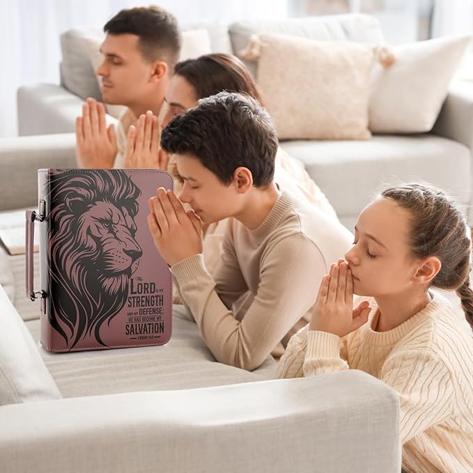 19PCS The Lord is My Strength Lion Leather Bible Cover for Men Bible Cover Cases for Mens Christian Gift Carrying Bag Journaling Kit with Shoulder Strap Highlighter Pens & Book Marker Study Supplies