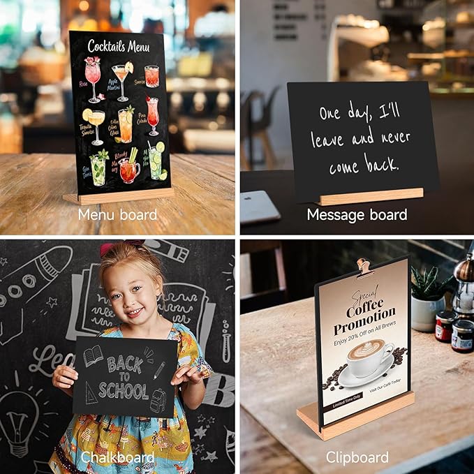 Tabletop Chalkboard with Wood Stand - 2 Pack, 6 x 8 Inch Double Sided Blackboard Food Signs Menu Message Boards for Coffee Bar, Lemonade Stand, Party Decoration - Slant Back