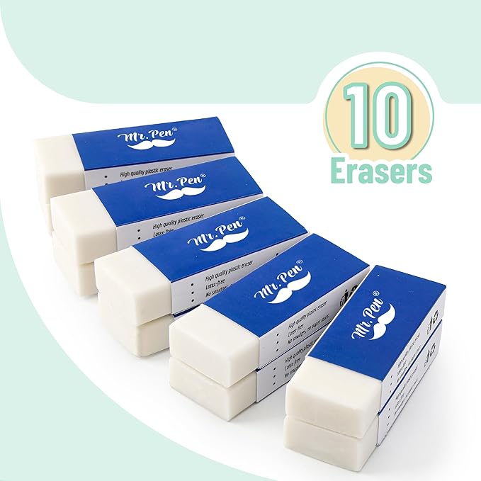 Mr. Pen- White Pencil Eraser, 10 Pack, Large Latex Free Vinyl Block Erasers for School, Office, Art Sketching, Homework, Exams, Clean Smudge-Free Correction