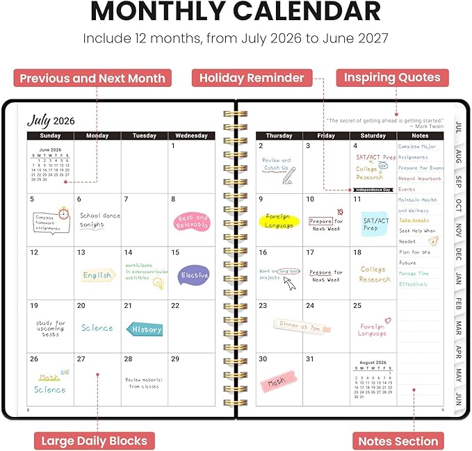 Planner 2026-2027, Monthly and Weekly Academic Planner July 2026 - June 2027, Hardcover Student Teacher Planning Agenda Calendar Book with Tabs, Perfect for Office School Supplies, A5 (6.3" x 8.5") - Blossom Flight
