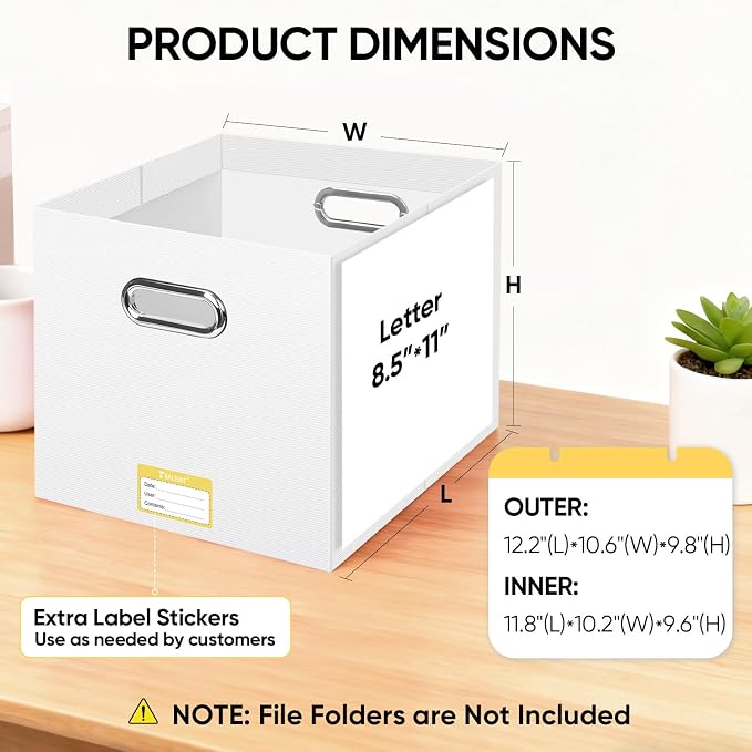 BALEINE File Organizer Box, Cardboard File Folder Organizer with Handle for Letter Size, Portable Collapsible Hanging Filing Box for Home Office Document Storage (1 Pack, Large White)