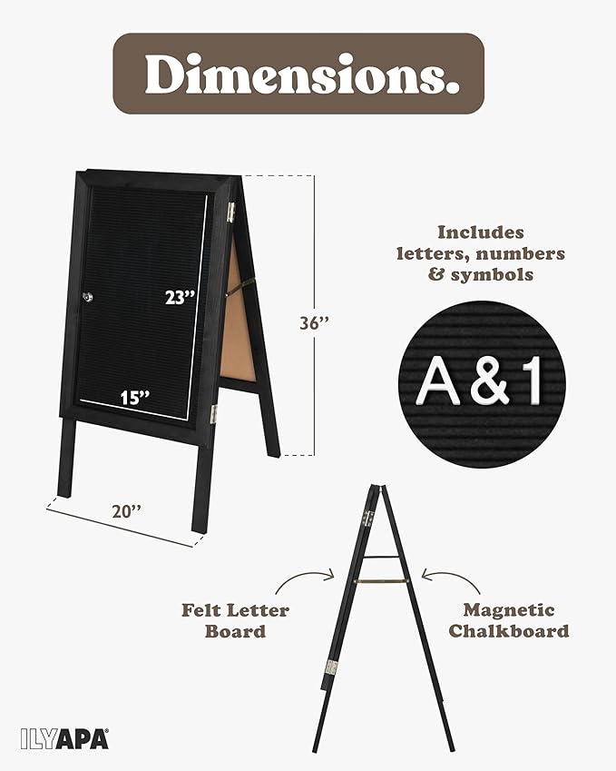 Ilyapa A Frame Sandwich Board Signs Outdoor Chalkboard & Felt Letter Board Sign with Changeable Letters - Wooden 36 x 20 in. Double Sided Magnetic Chalk Board & Letterboard for Sidewalk Advertising