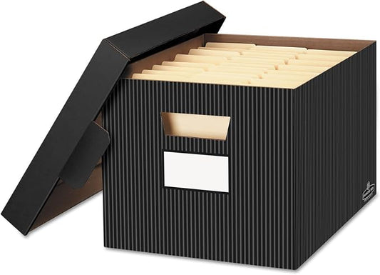 Bankers Box 4-Pack Pinstripe Design, Medium Duty File Storage Boxes with Lids, FastFold Assembly, Letter/Legal, STOR/FILE, (0029803)