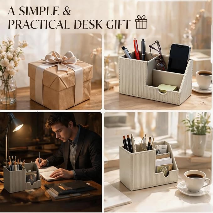 Desk Organizer Pen Holder, Aesthetic Striped White Small Organizer, Multi Slot Pencil Holder For Desk Office Desktop Stationery & Remote control Storage