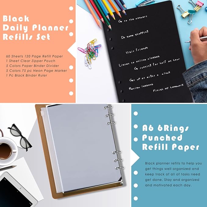Rancco A6 Planner Inserts 6 Rings Planner Refills Set, 60 Sheet Black Blank To Do List Loose Leaf Paper w/Zipper Pouch, Binder Dividers, Ruler, Index Tab for Journal, Double-sided, Undated, 6.8x3.7in