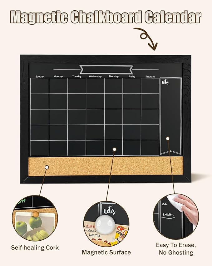 TORASO Magnetic Chalkboard Calendar Corkboard, Small Combination Chalk Board Bulletin Board, 13" x 17",Black Wood Framed Blackboard Calendar Cork Combo Board(ZHHB-BK-3343)