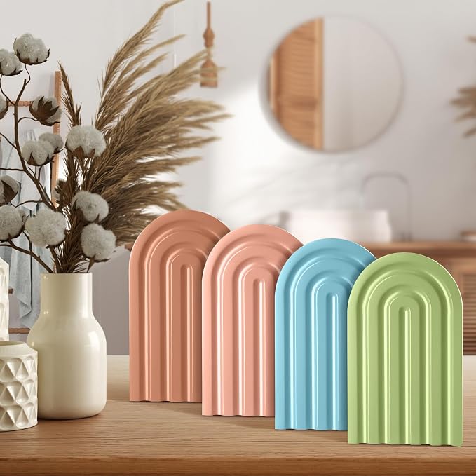Harloon 4 Pcs Boho Arch Wooden Bookends, Decorative Rainbow Book Stoppers with Non-Slip Metal Base, 5x3x4 Inches, Cute Shelf Decor for Heavy Books, Home Office Study Desk Organizer(Bright Color)