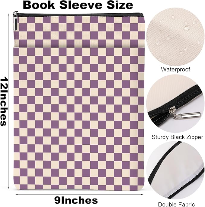 Purple Plaid Book Lovers Gifts Book Sleeve Vintage Checkered Waterproof Book Cover Book Pouch Book Protector with Front Pocket Book Club Christmas Birthday Gifts for Women Girl Reader Book Accessories