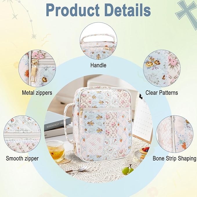 Zkptops Bible Cover Case for Women Girls Large Bible Bag Cotton Quilted Floral Bible Carrying Case with Zipper Pocket and Handle Christian Carrying Book Cover for Christian Study Supplies Accessories