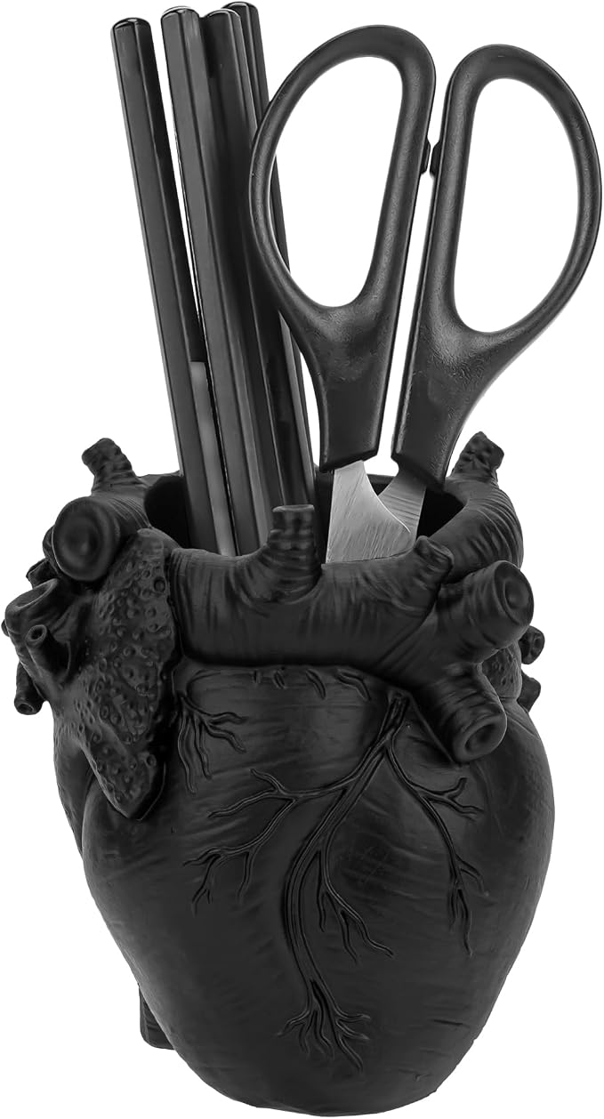 Anatomical Heart Pencil Holder, Black Resin Organ-Shaped Pen Cup Desk Organizer, Realistic Human Heart Decor, Stable Base