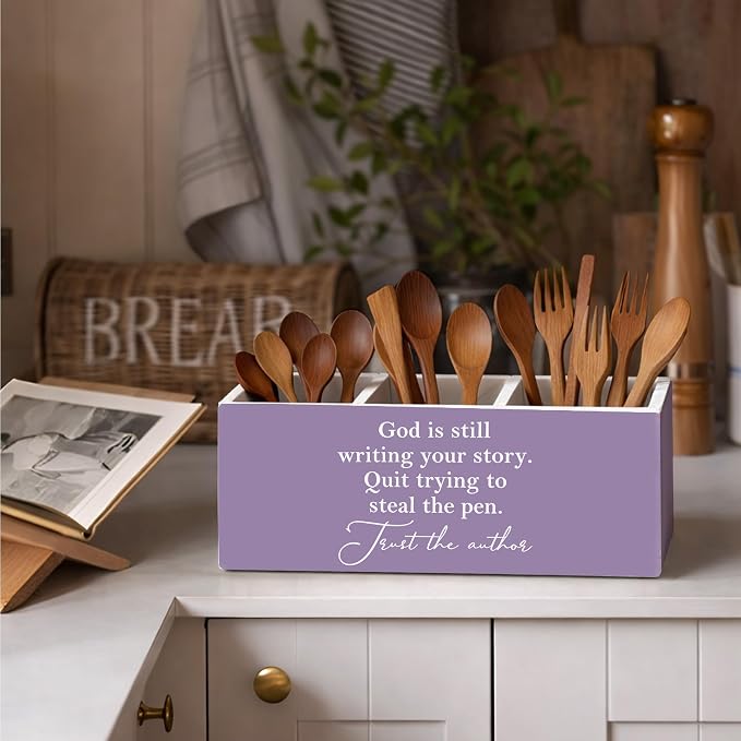 God is Still Writing Your Story Pen Holder | Inspirational Desk Organizer, Wooden 3-Compartment Pencil Caddy for Office, Home, Classroom