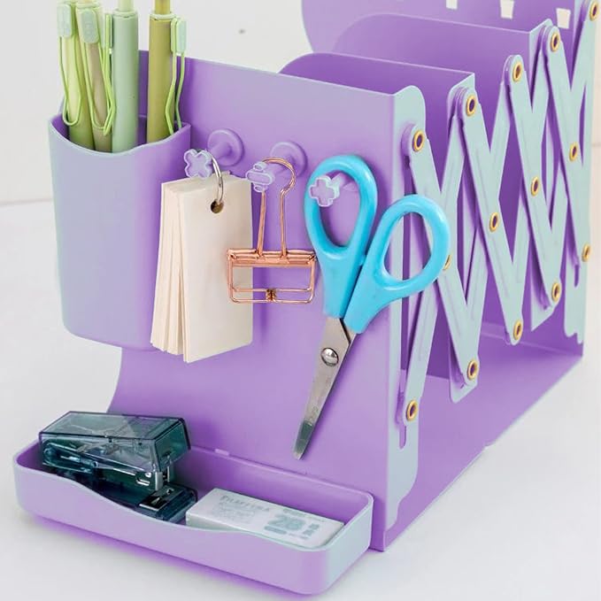 Adjustable Metal Bookends Heavy Duty for Shelves, 2 Dividers, Side Organzier, Anti-Slip Design Expandable Book Ends for Desk, Office(Purple, 18 inches Max)