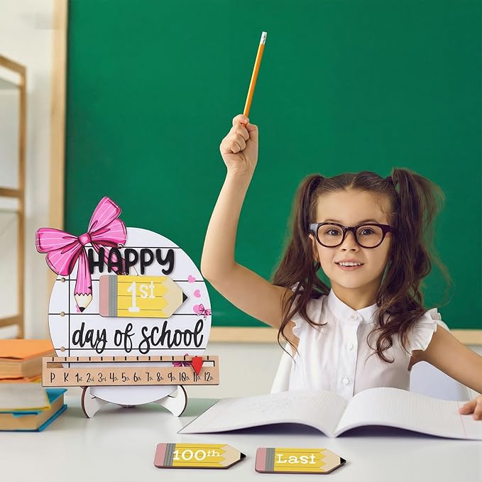 Kosiz First and Last Day of School Sign with Back to School Pink Bow Board Gifts Coquette Wooden First Day Sign Reusable Dry Erase 8''
