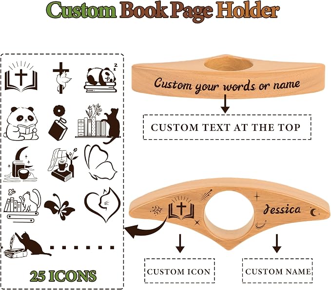 Personalized Book Page Holder,Custom Thumb Book Page Holder for Reading,Wooden Book Thumb Page Holder with Engraved Name/Logo,Bookish Gifts for Book Lovers,Readers (B)