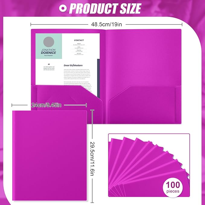 Gueevin 100 Pack Plastic Folder with Pockets, 2 Pocket Folders, Plastic Glossy Folders Fit Letter Size Paper, Heavy Duty Durable File Folder with Business Card for Home Office School (Neon Purple)