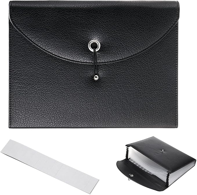 BTSKY PU Leather Expanding File Folders-13 Pockets A4 Letter Size Paper File Folder Accordion Business Document Organizer with Fasteners and Tabs (Black)