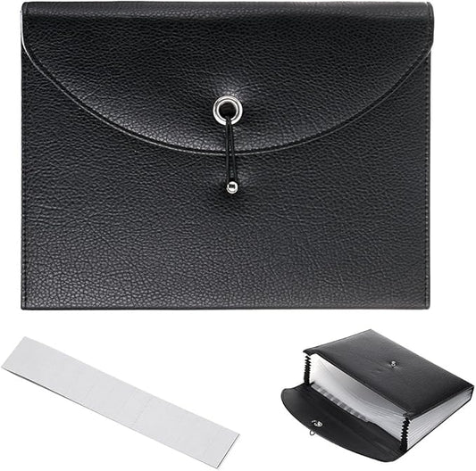 BTSKY PU Leather Expanding File Folders-13 Pockets A4 Letter Size Paper File Folder Accordion Business Document Organizer with Fasteners and Tabs (Black)