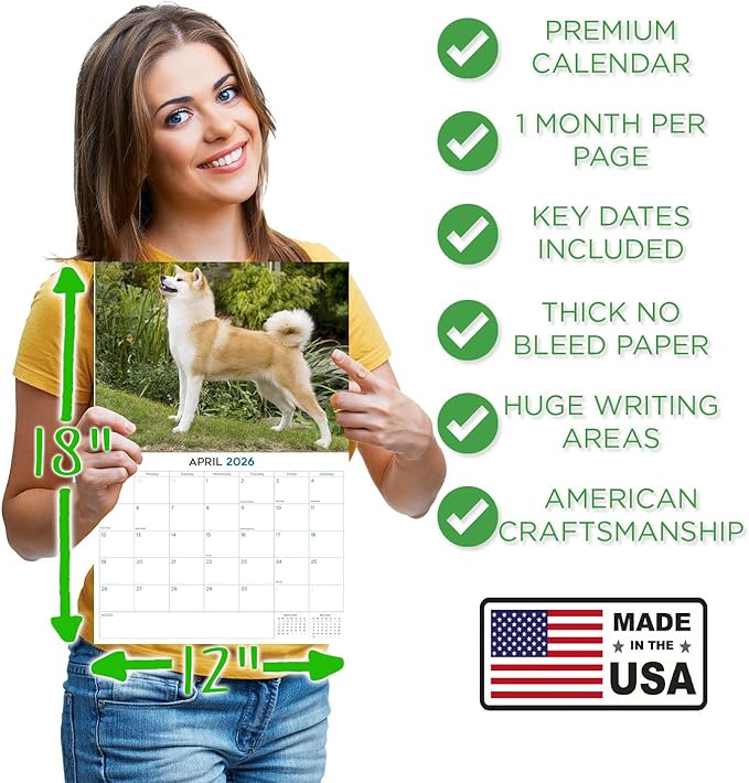2025 2026 Akita Calendar - Dog Breed Monthly Wall Calendar - 12" x 18" Open - Thick No-Bleed Paper - Giftable - Academic Teacher's Planner Calendar Organizing & Planning - Made in USA