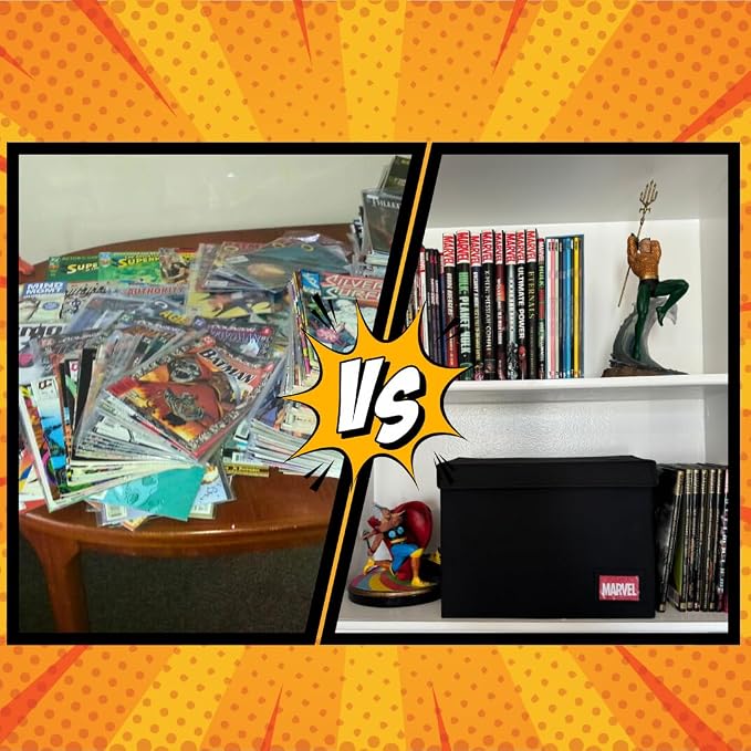 Comic Book Storage Box With Divider Built In (Removable)- Black Comic Book Box, Water Resistant, Holds 150 Comic Books, Full-length Velcro Flip-Top Enclosure, Comic Book Storage Box label pocket