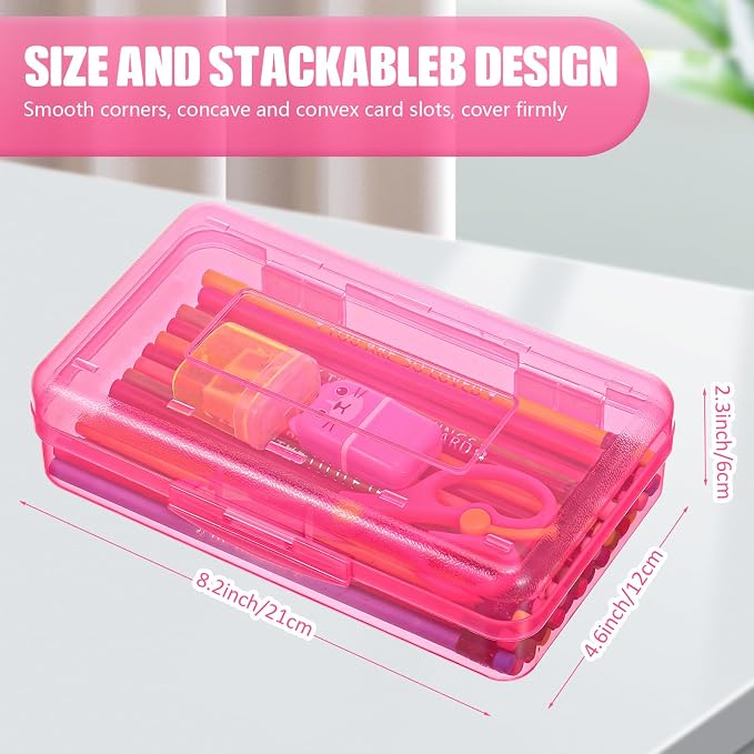 Leelosp 12 Pack Clear Pencil Boxes for School Bulk, Large Plastic Pencil Case with Lid, Stackable Hard Crayon Storage Box for Classroom Kids, Desk Drawer Organizer for Office Home(Pink)