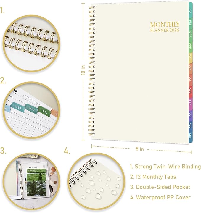 2026 Monthly Planner - Monthly Calendar 2026, 8'' x 10'', Transparent PP Cover, Colorful 12 Months Tabs, JAN 2026-DEC 2026, 2026 Calendar Planner with 2-Sides Pockets - Off white