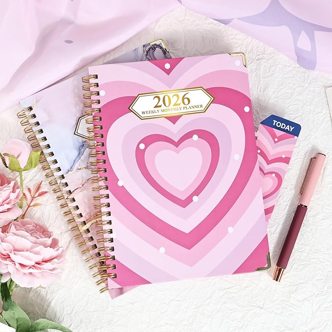 2026 Planner, Jan.2026 - Dec.2026 Planner Weekly and Monthly 6.25"x8.5" with Page Tabs, Calendar Hardcover with Inner Pocket, Elastic Band, Twin-Wire Binding, Bookmark, Pink Big Heart