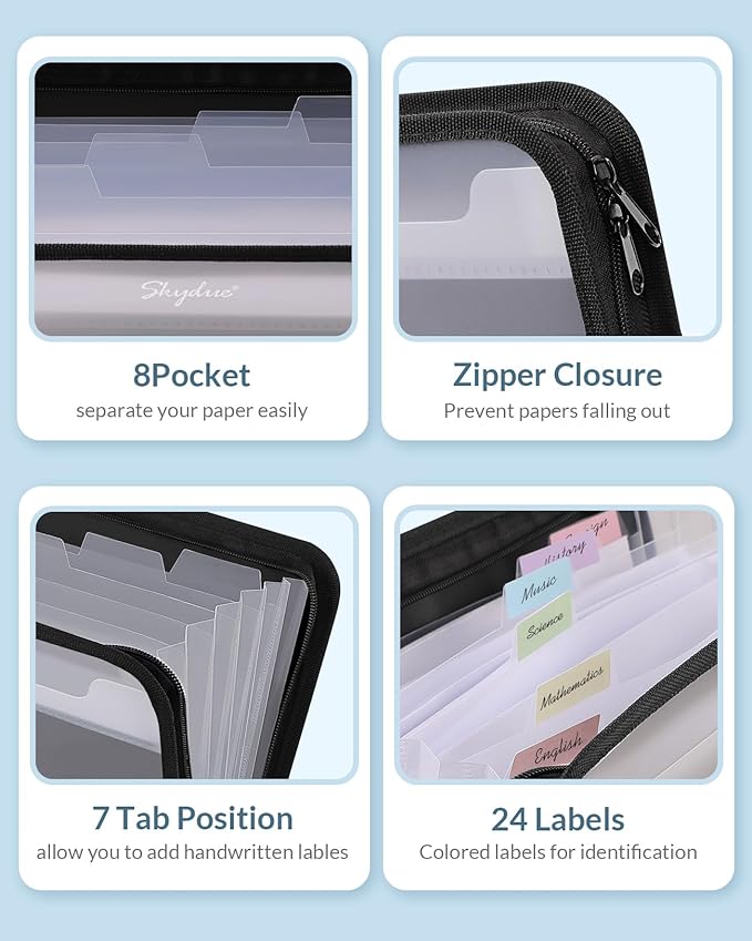 SKYDUE Accordion File Organizer, 7 Pocket Expanding File Folder with Front Pocket, Letter Size, Important Document Organizer with Double Zipper,Travel Folder, School Office Supplies
