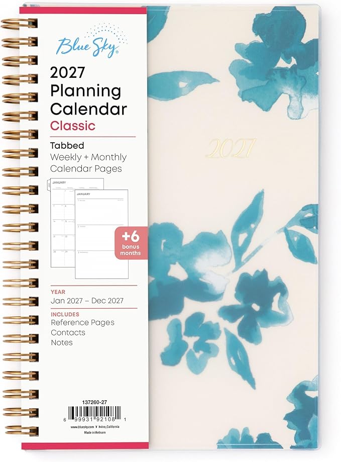 Blue Sky 2027 Weekly and Monthly Planner Calendar, January 2027 - December 2027, 5" x 8", Flexible Frosted Cover, Laminated Tabs, Durable Twin Wire Binding, Bakah Blue