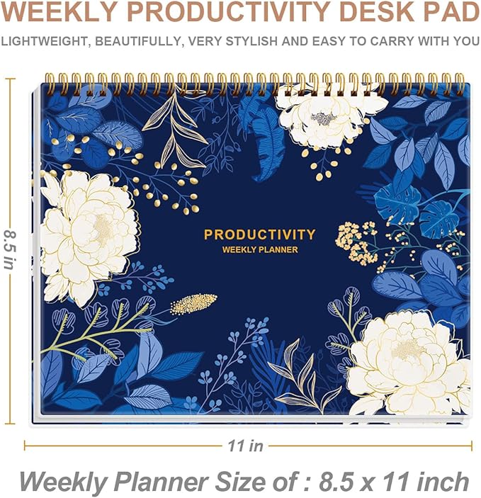 Weekly Productivity Planner - 8.5" x 11" Dashboard Desk Notepad Has 6 Focus Areas to List Tasks for Goals, Projects, Clients, Academic or Meal-Organize Your Daily Work Efficiently, 54 Weeks, Blue Leaf