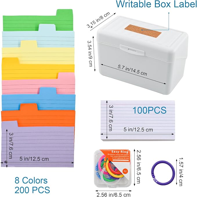 VANRA Index Card Holder 3x5 Flash Card Organizer Case 300 Colored Index Cards Bulk Blank Note Cards with Ring (White)