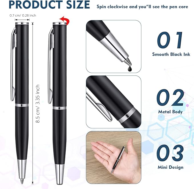 Chinco 16 Pcs Black Small Ballpoint Pen Mini Pens Bulk Metal Stainless Steel Point Pens Pack with Copper Fittings for Pockets Notebook Notepads Office School, 3 Inch