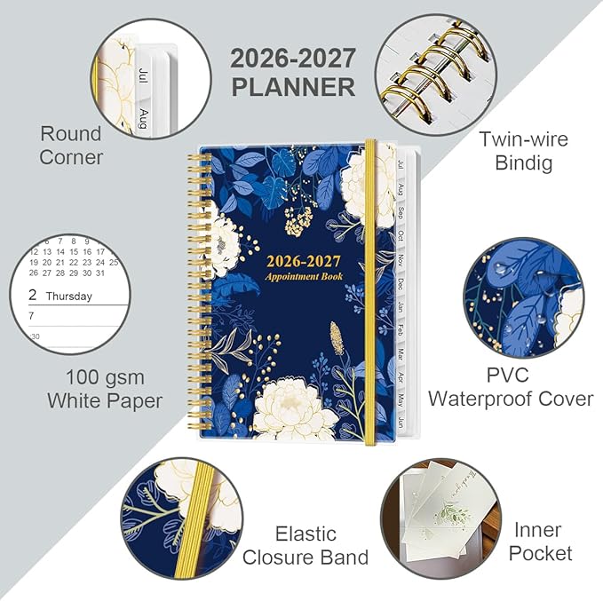 2026-2027 Appointment Book & Planner - 2026-2027 Daily Hourly Planner from July 2026 - June 2027, Weekly Appointment Book with 30-Minute Interval, Medium 6.4" x 8.5", Blue Leaf Flower