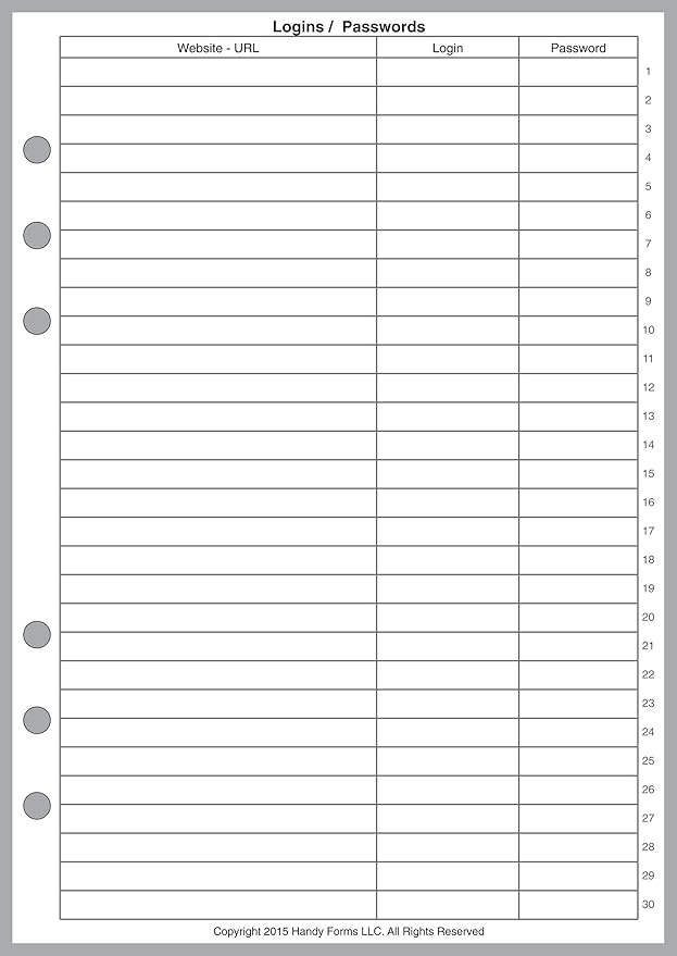 A5 Size Login Password List, Sized and Punched for 6-Ring A5 Notebooks by Filofax, LV (GM), Kikki K, TMI, and Others. Sheet Size 5.83" x 8.27" (148mm x 210mm)