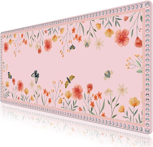 Desk Pad for Keyboard and Mouse, Large Mouse Pad for Desk, Non-Slip Keyboard Mat, Computer Mats for Desk, Cute Desk Pad with Stitched Edges for Office, Gaming I Pink Butterflies Flowers