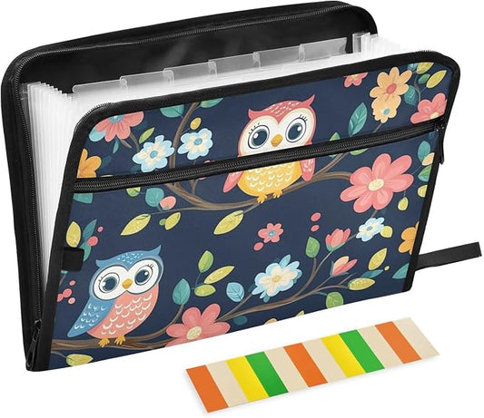 Colorful Owls Expanding File Folder with Sticky Labels, 13 Pockets Accordion File Folder Document Organizer Expandable Zip File Folder with Zipper Closure