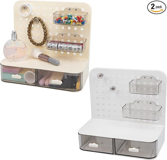 Pegboard Desk Organizer with Drawers and Hooks 2-Pack - Yellow and White Storage Box for Office, Study Room, Dorm, Craft Room & Vanity | Multifunctional Small Space Solution