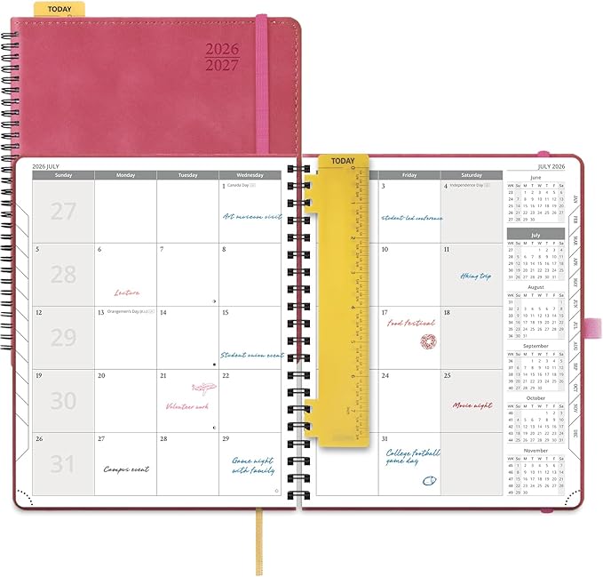 POPRUN 2026-2027 Monthly Planner, Large 8.5" x 10.5", 18 Month Calendar (July 2026 to December 2027) with Expense Tracker, Notes Pages, Sprial Bound, Leather Softcover - Magenta