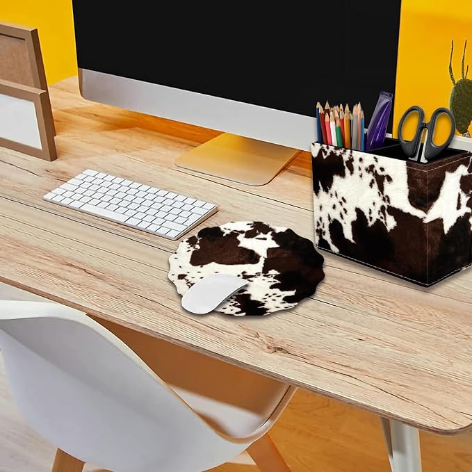 Pen Holder for Desk, PU Leather Multifunctional Desktop Storage Box and Anti-Slip Mouse Pad Set, Makeup Brush Holder Pen Organizer for Office and Home - Cow Hide Print