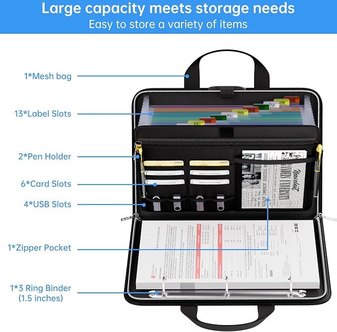 Tamfile Accordion File Organizer with Combination Lock, Fireproof Water 3 Ring Binder, 13 Pocket Expanding File Folder with Labels, Multi Pockets Document Organizer for Letter A4 Files (Black)