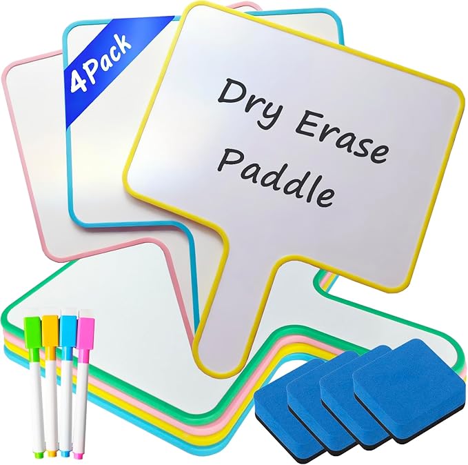 4 Sets Small Dry Erase Boards 8" x10'' Mini Dry Erase Paddles with Handle Double Sided Whiteboard Bulk with Markers and Erasers for Home Classroom and Office Writing Board