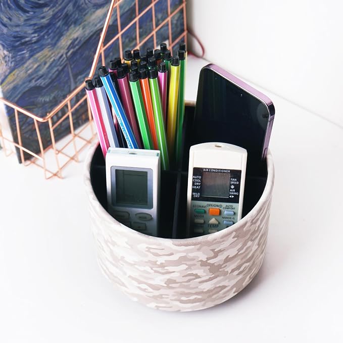 Round Leather Art Supply Organizer,Remote Control Holder,360 Degree Rotating,Multi-Functional Pencil Holder,4 Compartments Desktop Stationary Organizer(1-Camouflage White)