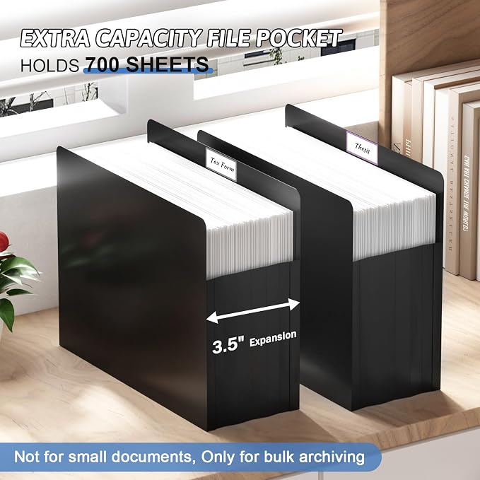 Plastic Expanding File Pockets Extra Capacity,5 Pack File Pockets Letter Size, Heavy Duty 3.5 Inch Expansion,Straight-Cut Tab,Accordion File Jacket for Bulky Files,Black
