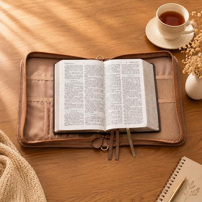 Bible Cover for Men and Women, PU Leather Large Bible Bag with Handle & Shoulder Strap, Bible Carrying Case with Cross Design and Pockets for Church, Bible Study & Christian Gifts, Brown