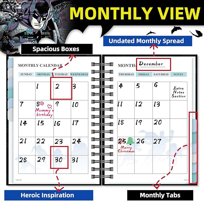 Batman 2026 Planner – Superhero Undated Daily Weekly & Monthly Planner with Calendar & Holiday Tracker, Monthly Tabs, Habit Tracker, 12 Months Spiral Agenda Book for Office School Gift Supplies